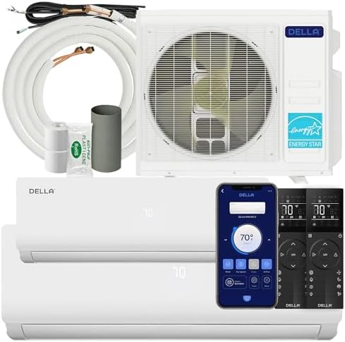 DELLA 28K BTU ODU 20 SEER2, 2 Dual Zone 9000 18000 BTU 208-230V Cools Up to 1400 Sq.Ft, Energy Efficient, Ductless Pre-Charged Heat Pump Mini Split AC & Work with Alexa and Wifi, 16ft Installation