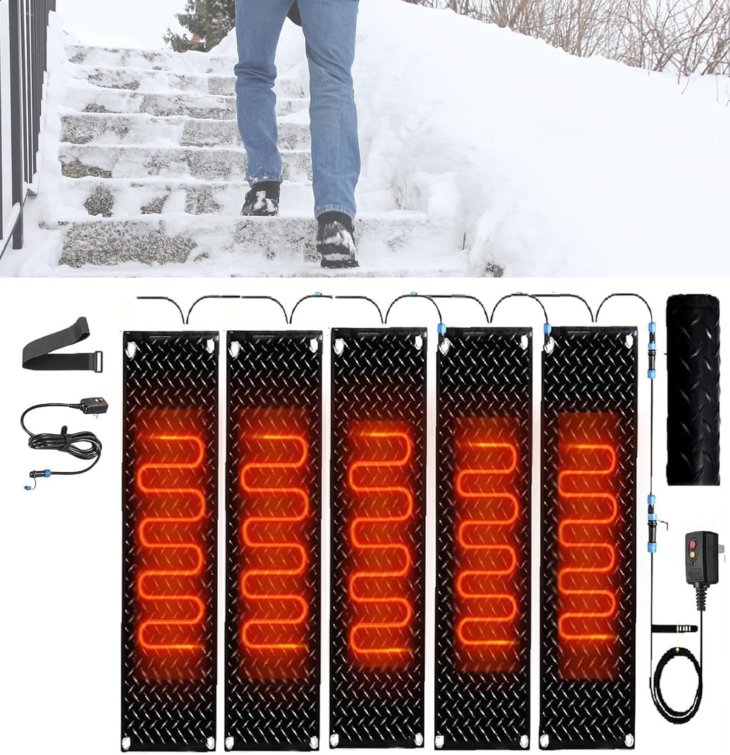 Heated Snow Melting Mats, Outdoor Stair Heated Driveway Mats, Outdoor Snow and Ice Melting Mats with 9.8 ft Power Cord, Suitable for Stair Steps, Doorways, Sidewalks and Driveways(5 Pcs,30x150cm/12x60