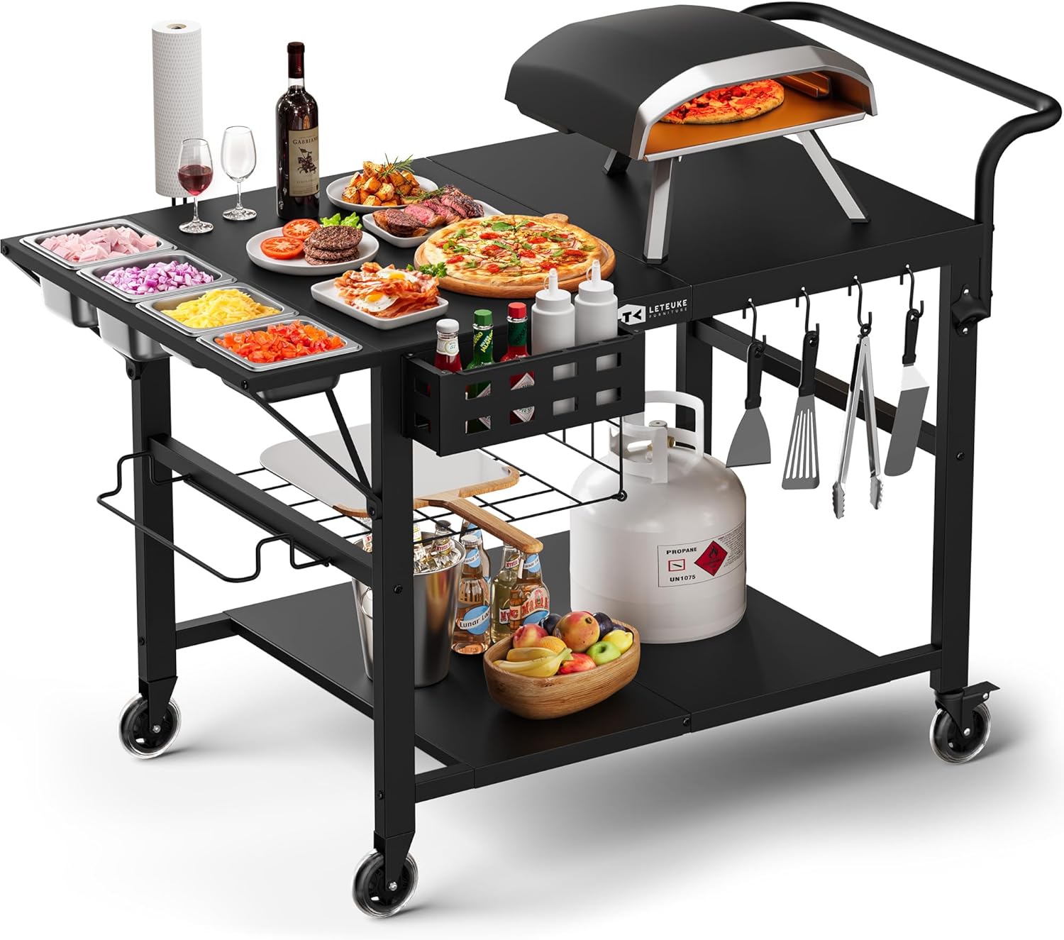 Leteuke Pizza Oven Table, Grill Cart Table for Blackstone Griddle, Outdoor Pizza Oven Stand Fits Ninja, Cuisinart, Gozney, Solo Stove, BBQ Prep Tables Station with Seasoning Tray, 47.2