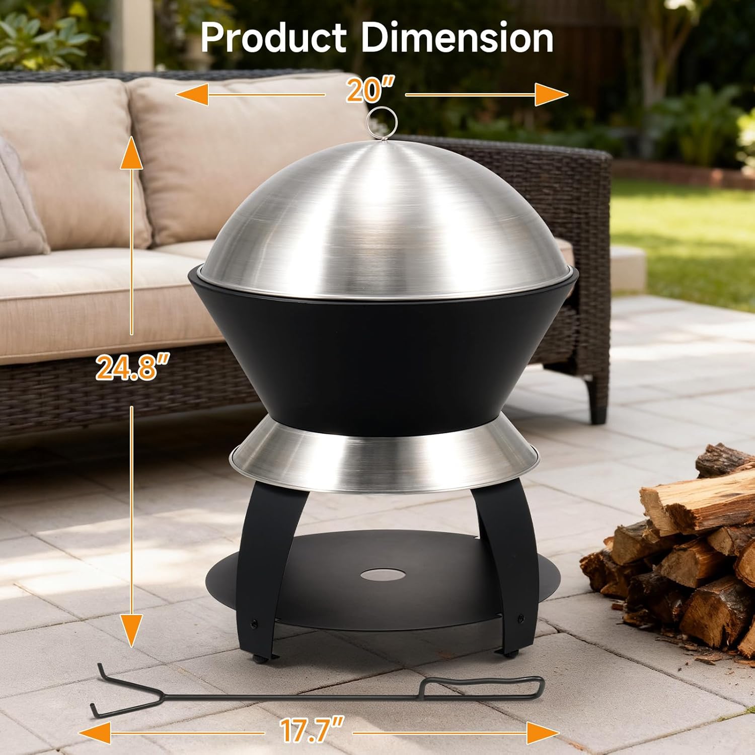 ONBRILL 20 Inch Smokeless Firepit, Outdoor Fire Pit with Waterproof Lid, Removable Ash Pan, Handbag, 2 in 1 Stainless Steel Potable Fire Pits for Outside Wood Burning, Bonfire, Camping, Picnic, Black