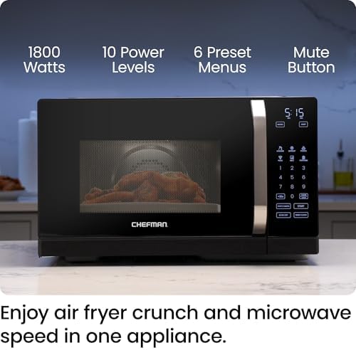 Chefman MicroCrisp Countertop Microwave Oven and Convection Oven, with Integrated Crisper, Guided Touchscreen Interface, 10 Power Levels, Mute Function, and Eco Mode, 1800W and 0.8 Cu. Ft. - Black