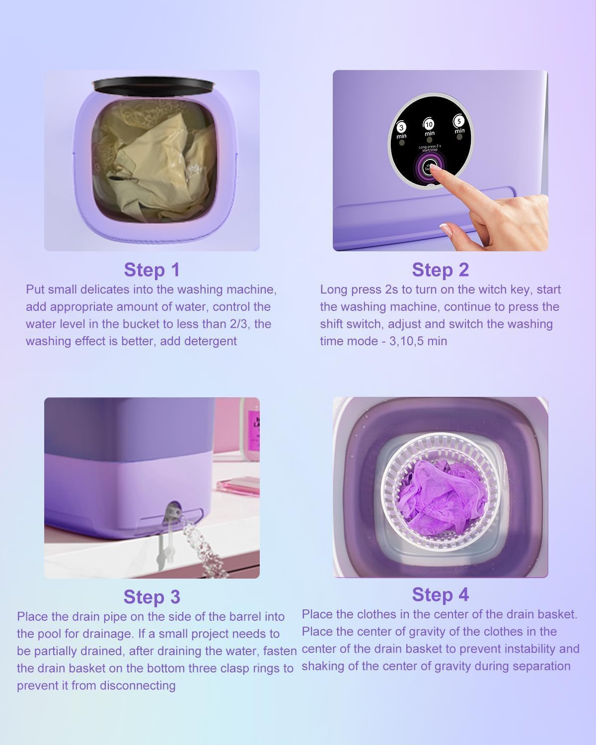 16L Portable Washing Machine, Small Portable Washer and Dryer Combo Mini Foldable Washing Machine Collapsible Bucket with Drain Basket for Apartment, Underwear, Socks, Baby Clothes (Purple)