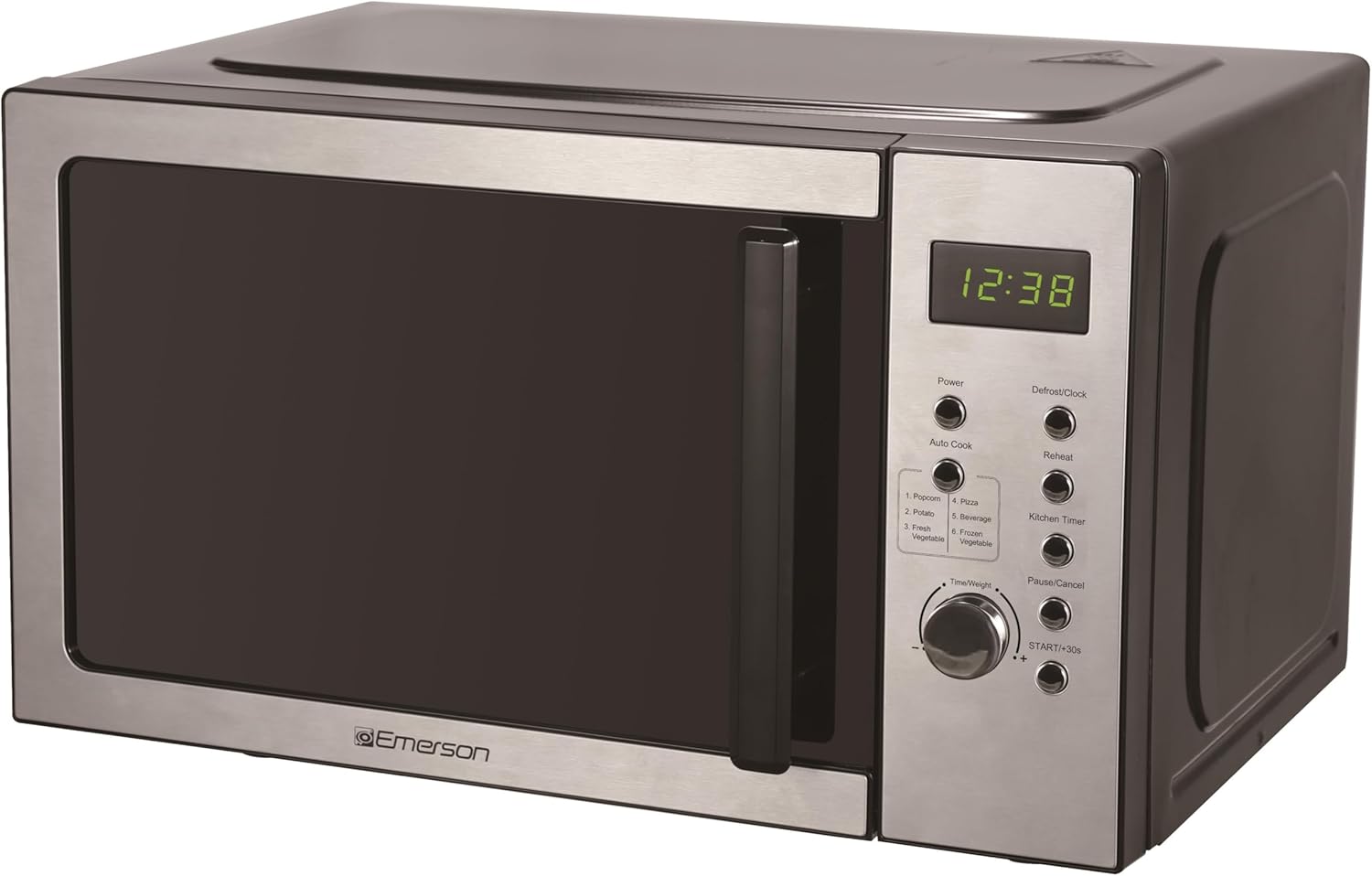 Emerson MW9005SS Compact Countertop Microwave Oven with Push Button Control, LED Display, 900W, 5 Power Levels, 6 Auto Menus, Glass Turntable and Child Safe Lock, 0.9 Cu. Ft., Stainless Steel