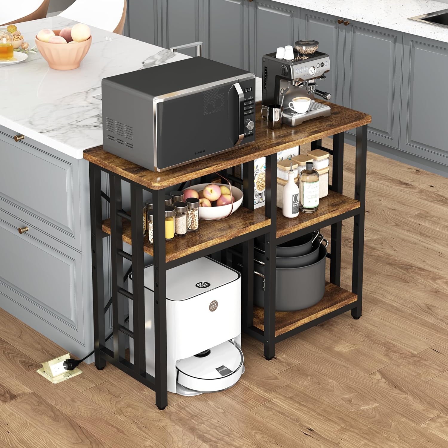 4-Tier Kitchen Baker's Rack with Power Outlet, Mini Fridge & Microwave Oven Stand Table, 5 Tiers Coffee Bar Table, 20-29-37 Gallon Fish Tank Stand, Kitchen Organizer Shelf for Spices, Pots and Pans.