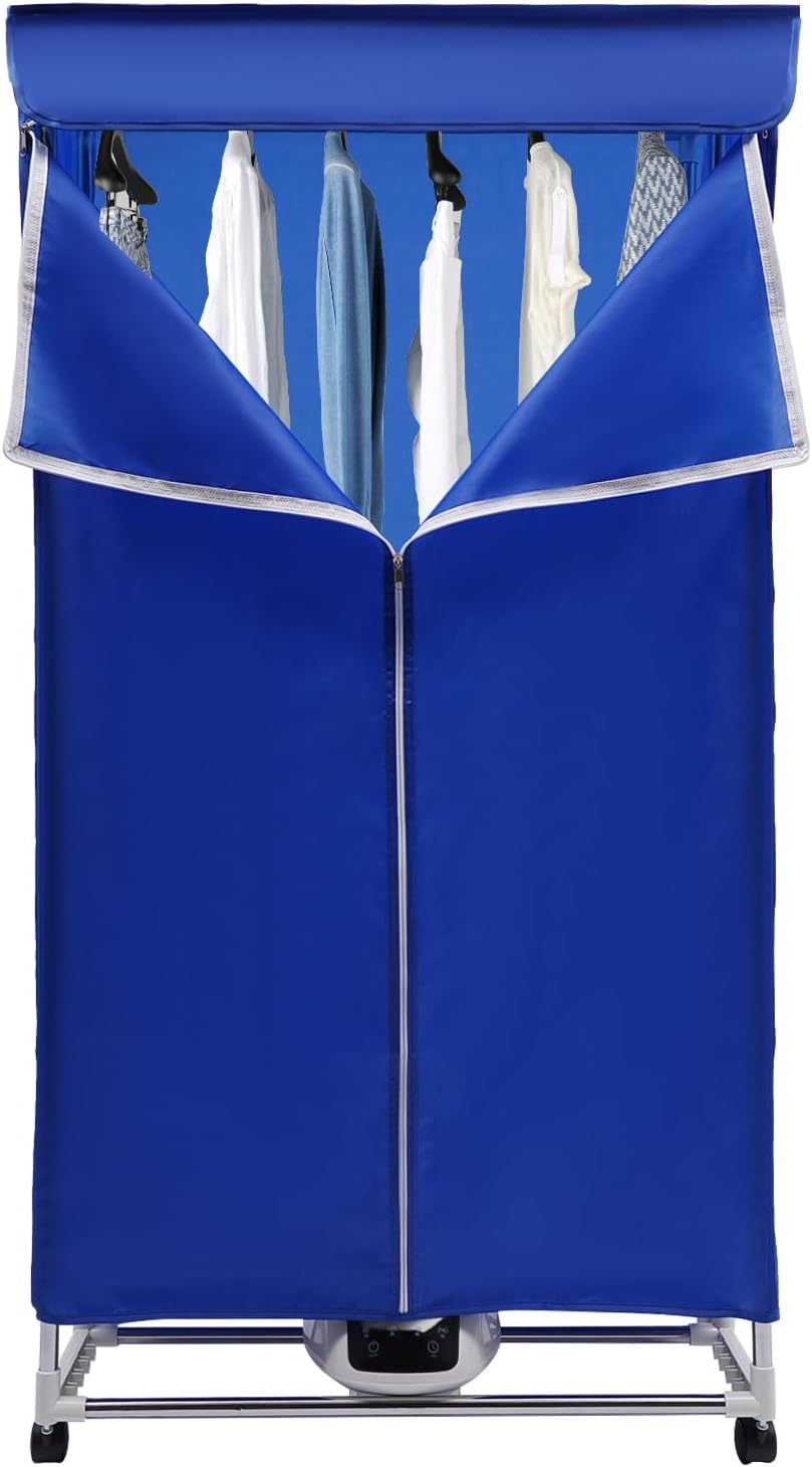 Portable Clothes Dryer with Timer, 1200W Drying Machine for Laundry 2-Tier Foldable Clothes Dryer Rack Stainless Steel Mini Dryer for Apartments Home Dorms Travel RV (Solid Blue)