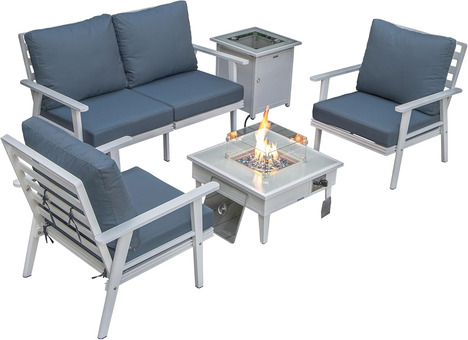LeisureMod Walbrooke Modern Aluminum 5-Piece Patio Conversation Set with Outdoor Square Fire Pit Side Table Tank Holder, Navy Blue