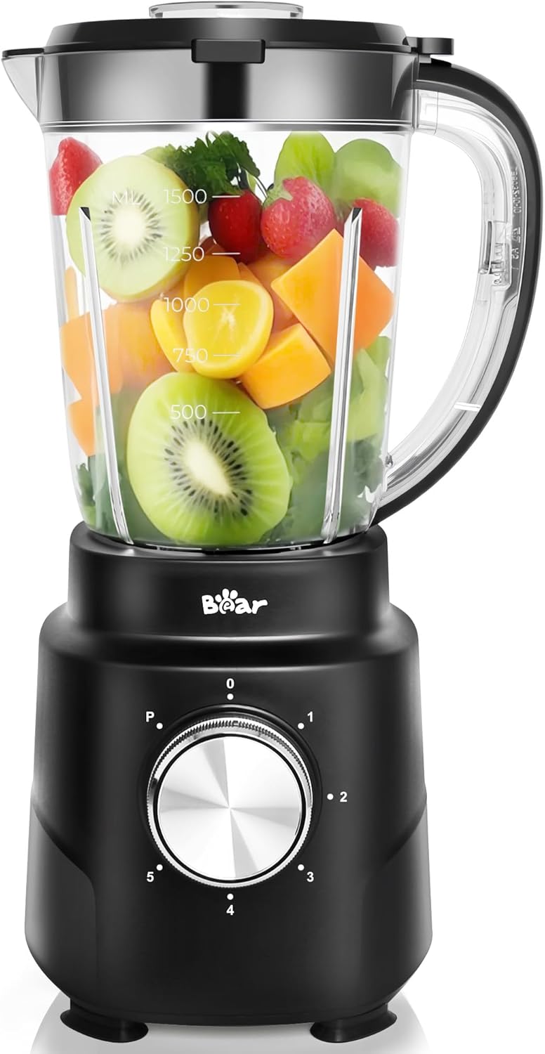 Bear 800W 6-Speed Blender, Smoothie Blender for Kitchen with 50oz(1.5L) BPA-Free Cup/Suction Feet/Feeding Hole/10 blades, Countertop Blender for Smoothies, Crush Ice, Frozen Fruit, Juice and Puree