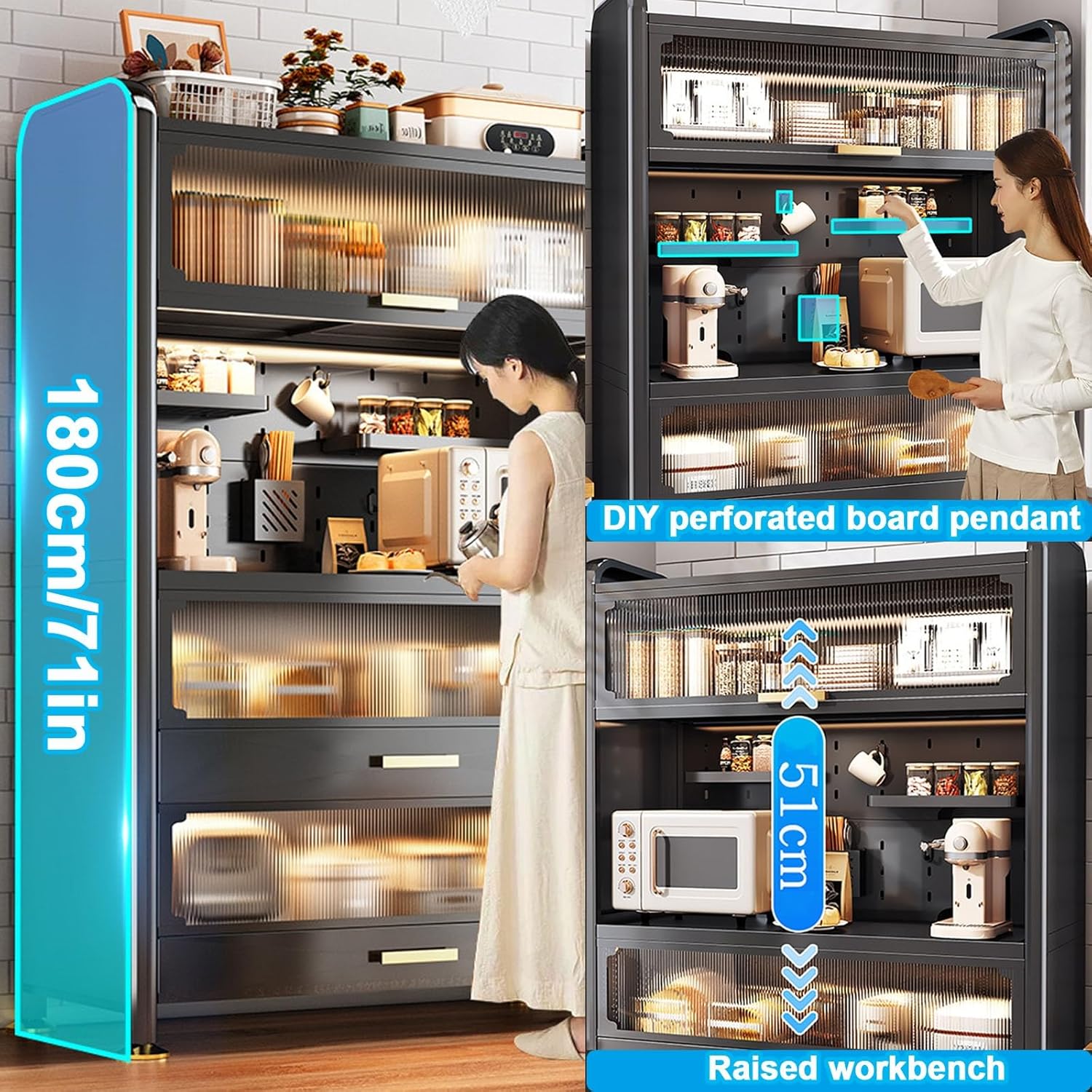 Microwave Stand Microwave Oven Rack,Bakers Racks for Kitchens with Storage 4-Tier Kitchen Shelf, Industrial Microwave Oven Stand Cabinet, Kitchen Hutch Sideboard, Coffee Bar, with Hooks and