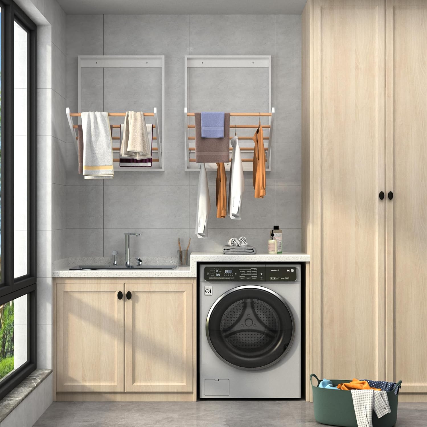 Wall Mounted Clothes Drying Rack for Laundry, Foldable Wooden Clothing Dryer Racks Indoor Use