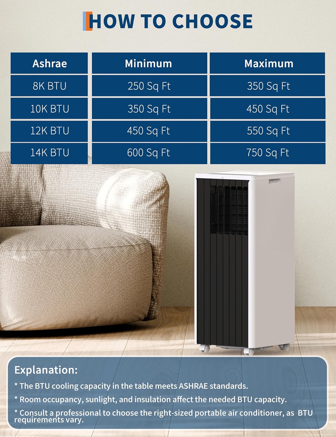 Portable Air Conditioner, 8000 BTU Standing Air Conditioner, 3 In 1 Air Cooling, Auto Swing, 3 Speeds & 24H Timer, Smart/Sleep Mode, for Bedroom and Office
