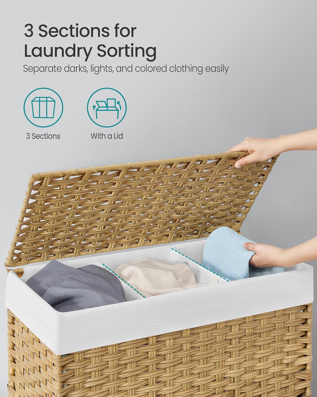 SONGMICS Laundry Hamper with Lid, 42.3 Gallons (160 L), Rolling Laundry Basket with Wheels, 3-Section Synthetic Rattan, Removable Liner, Bedroom, 29.9 x 13 x 26 Inches, Natural ULCB365N01