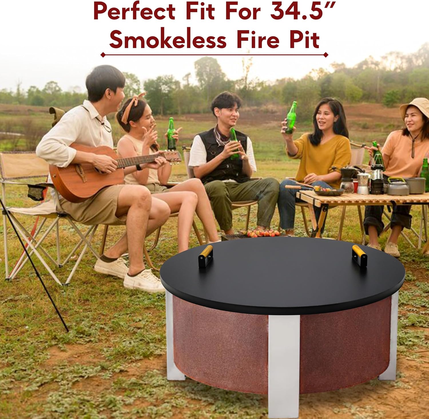 35” Round Fire Pit Lid – Powder Coated Fire Pit Cover Lid Round for Outdoor Fireplace -16 Gauge Steel Flat FirePit Burner Pan Cover with Dual Wooden Handles Snuffer Lid for Round Patio FirePit Ring