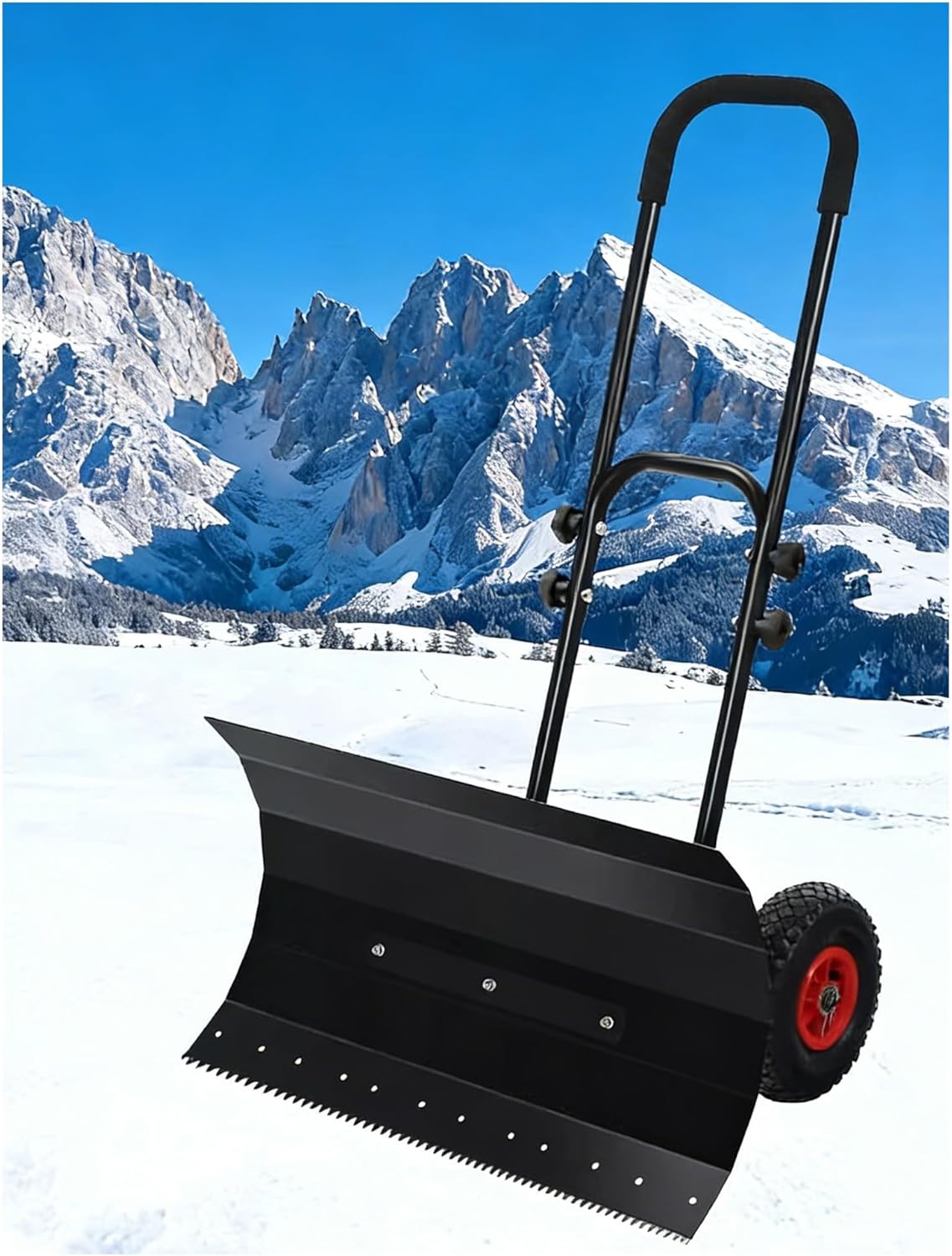 Manual Snow Shovel with Wheels, Adjustable Handle for Effortless Snow Removal, Perfect for Home & Commercial Use, Easy to Assemble & Store(Double,Serrated Edges)