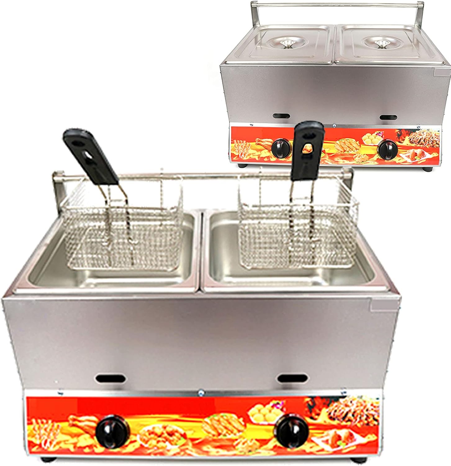 Multi-Function Gas Deep Fryer, 22L Compact Dual Tank Gas Fryer, Freestanding Temperature Control, Adjustable Firepower, Removable and Washable Stainless Steel