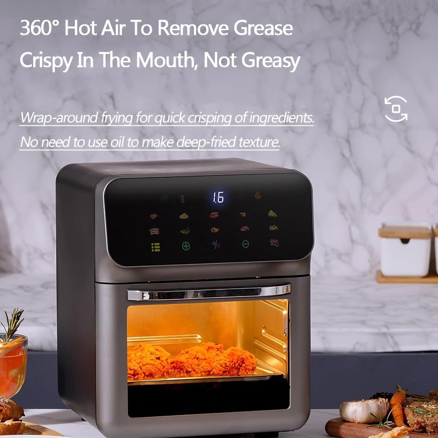 Convection Oven with Built-in baking light, 1500W 16L Air Fryer Combo for Grill/Pizza/Baking/Dried Fruit, Top and bottom triple bake, 60min free timer