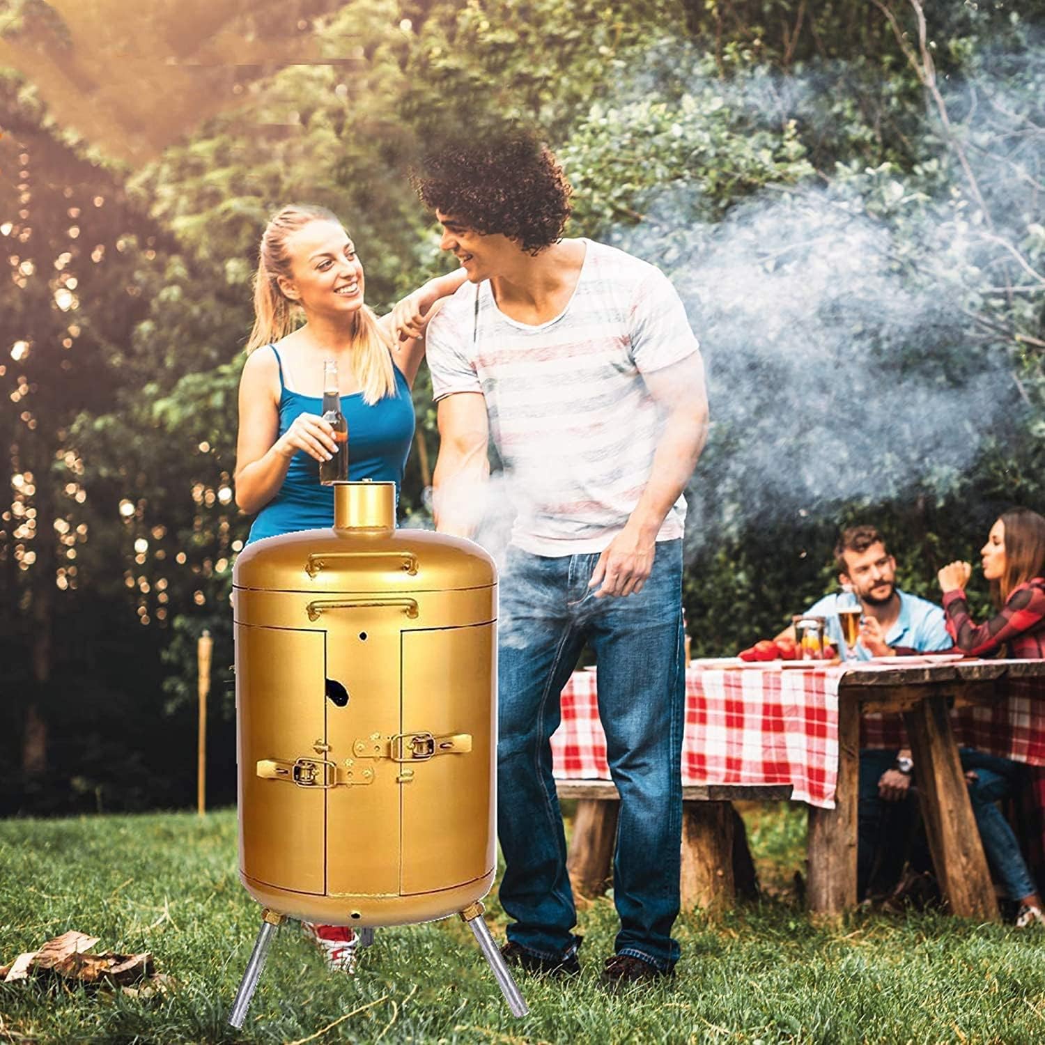 Safety Certification Charcoal Barbecues Grills Freestanding Barbecues w/Lid & Grid Outdoor Portable Smoker BBQ for Picnic Garden Terrace Camping Travel Golden