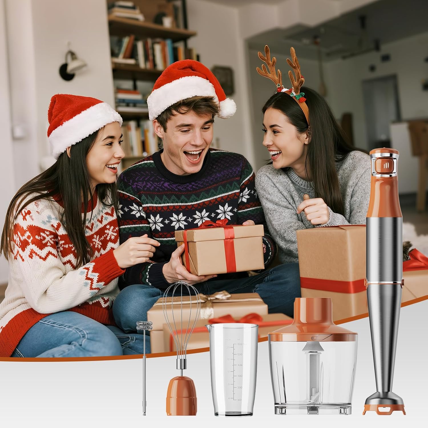 Immersion Blender Handheld Corded Hand Blenders Set 1100W, Trigger Variable Speed 5 in 1 Stick Emulsifier with Chopper, Whisk and Frother for Soup, Baby Food and Smoothies, Orange