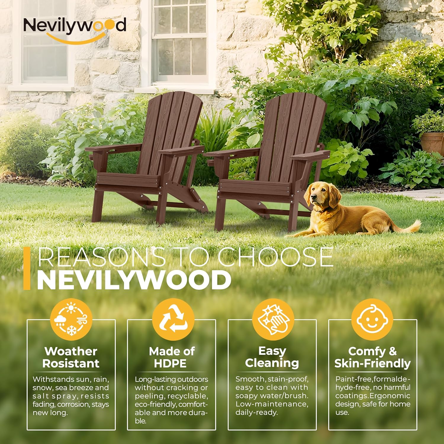 nevilywood Folding Adirondack Chair with Cup Holder Set of 2, HDPE Patio Chairs,All-Weather Outdoor Chairs for Backyard, Deck,Fire Pit-Coffee