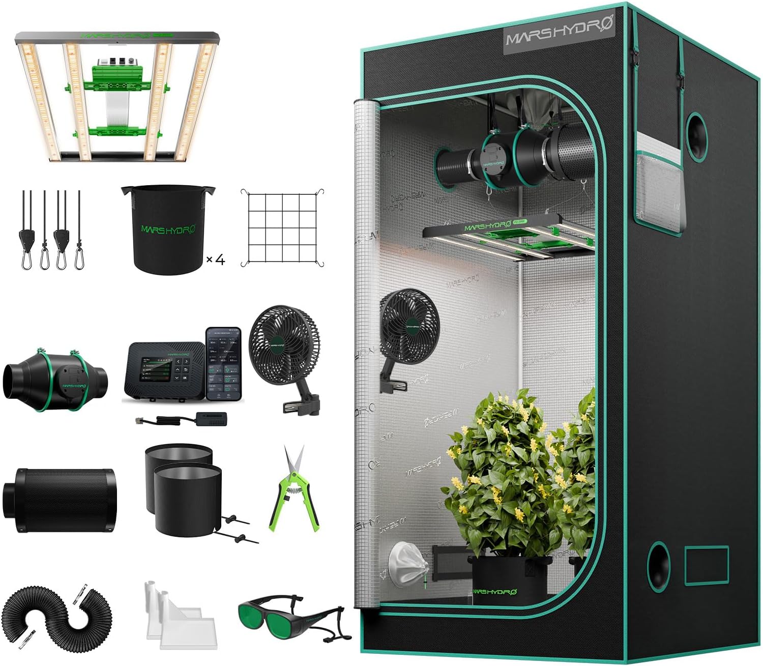 MARS HYDRO 3x3 Smart Grow Tent Kit Complete System with Smart Controller 43,FC3000 Samsung LM301H APP Control Dimmable Grow Light,1680D High Reflective Mylar,4inch Automatic Ventilation Kit