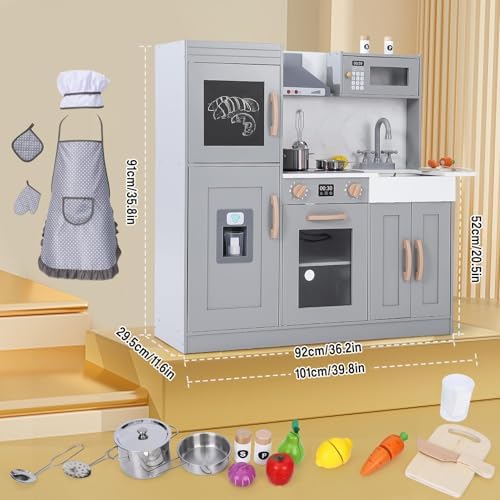 CABIHOME Wooden Play Kitchen Set with Cookware Accessories, Real Lights & Sounds, Include Microwave, Oven, Sink, Pretend Play Kitchen for 3+ Chef Pretend Play, Gray