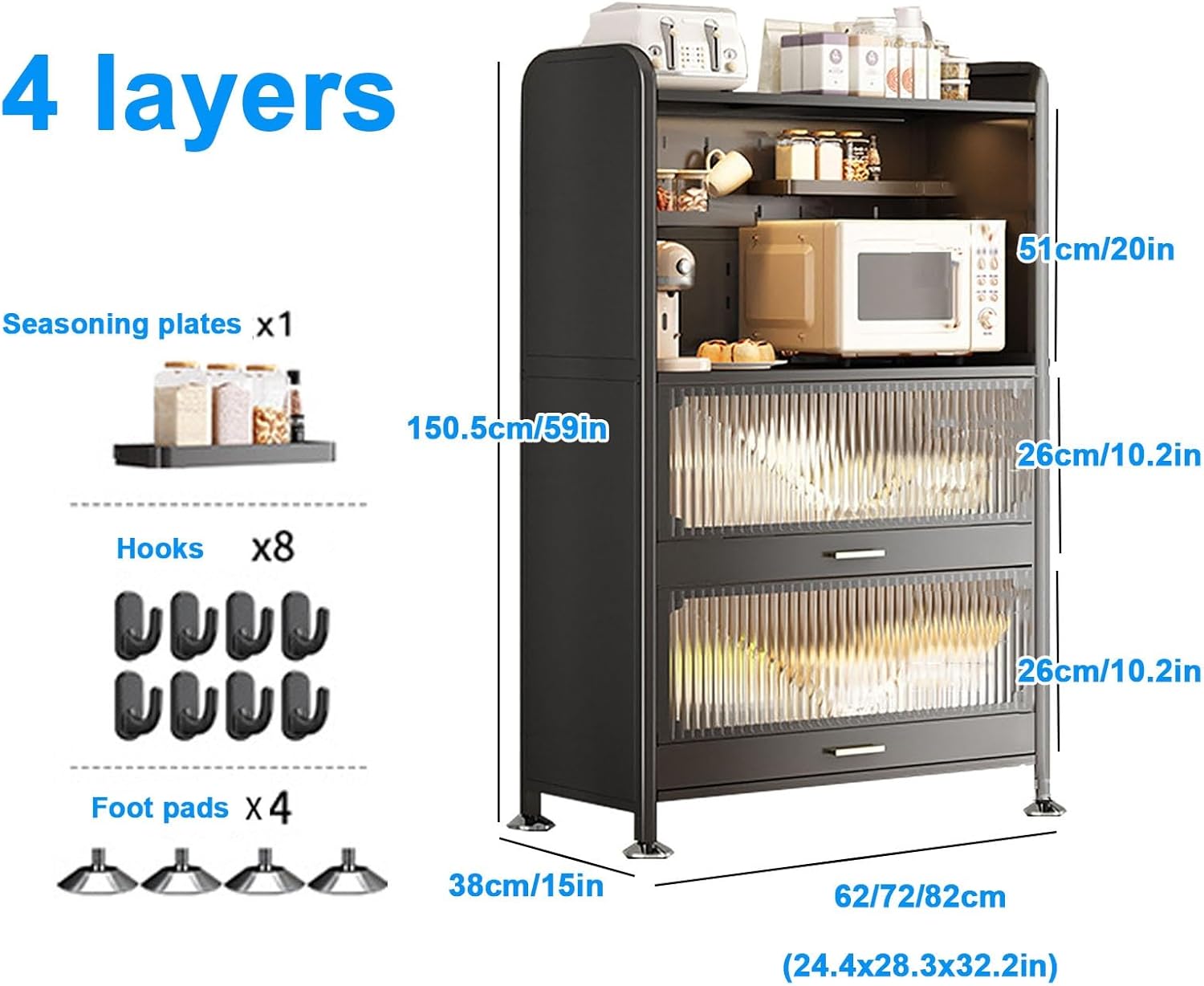 Microwave Stand Microwave Oven Rack,Bakers Racks for Kitchens with Storage 4-Tier Kitchen Shelf, Industrial Microwave Oven Stand Cabinet, Kitchen Hutch Sideboard, Coffee Bar, with Hooks and