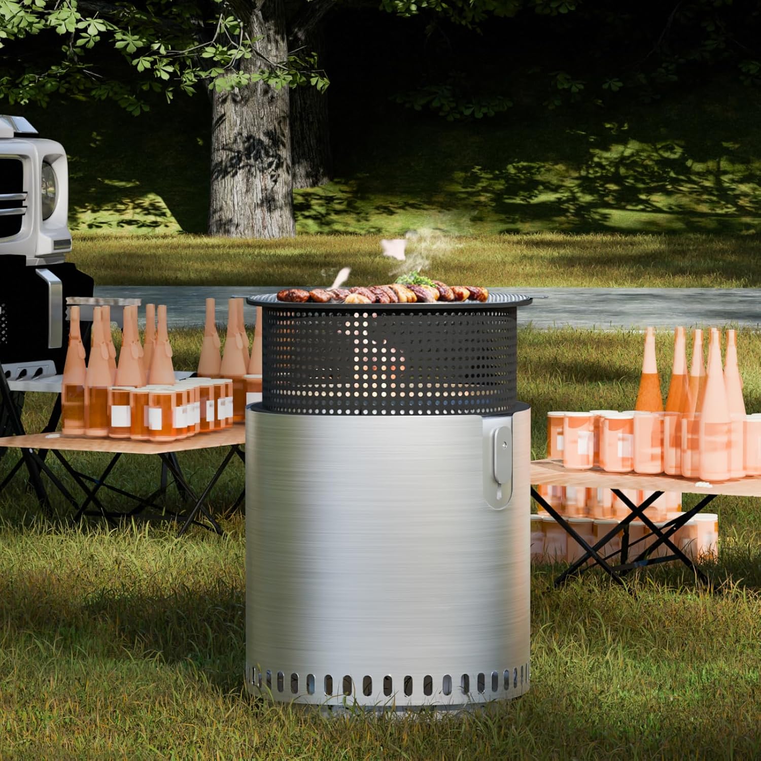 SUNBURY Smokeless Fire Pit for Outside w Grill Pan, Stainless Steel Adjustable Bonfire Wood Burning Fireplaces w Removable Ash Pan & Bag, 17in Large Outdoor Stove for Camping BBQ Family Gatherings