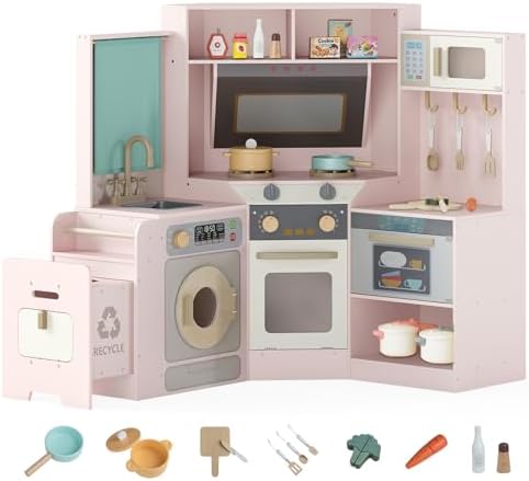 Costzon Corner Play Kitchen, Large Pretend Play Kitchen w/Real Light & Sound, Pull-Out Trash Can, Stoves, Microwave, Oven, Washer, Little Chef Wooden Kitchen Playset for Kids 3+ Years Old (Pink)