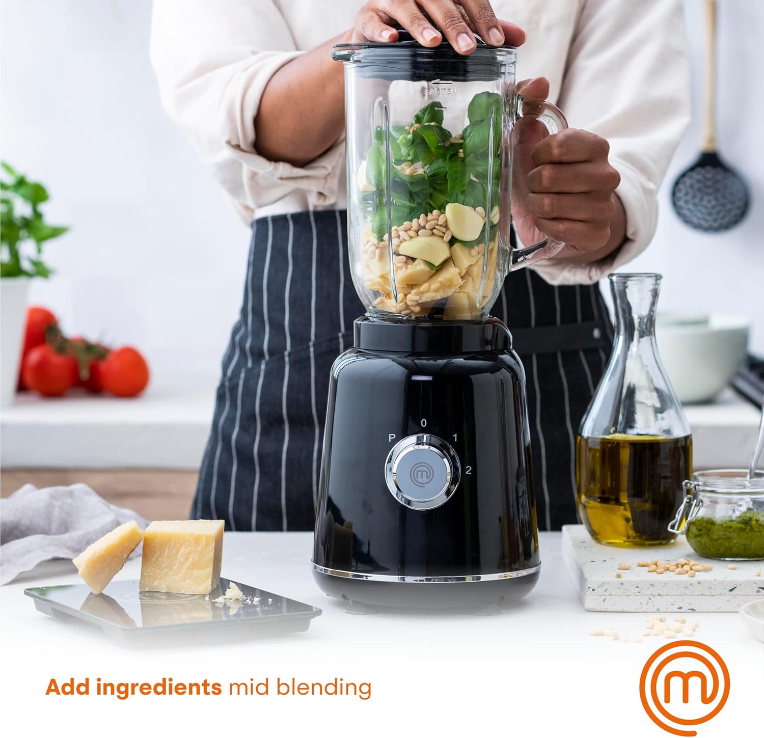 MasterChef Glass Blender for Shakes and Smoothies, Milkshake Maker, Frozen Drink & Margarita Machine, For Fruit Juice with Ice, Soup, Sauces, Food Puree etc, Stainless Steel Blades, 33oz, 400w, Black