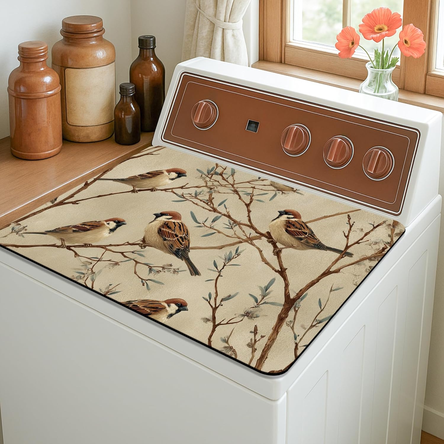 Sparrow Washer Dryer Top Protector Mat, Vintage Botanical Laundry Machine Dust Covers, Spring Decorative Rubber Anti-slip Waterproof Washer And Dryer Mats for Laundry Room 20x24 Inch
