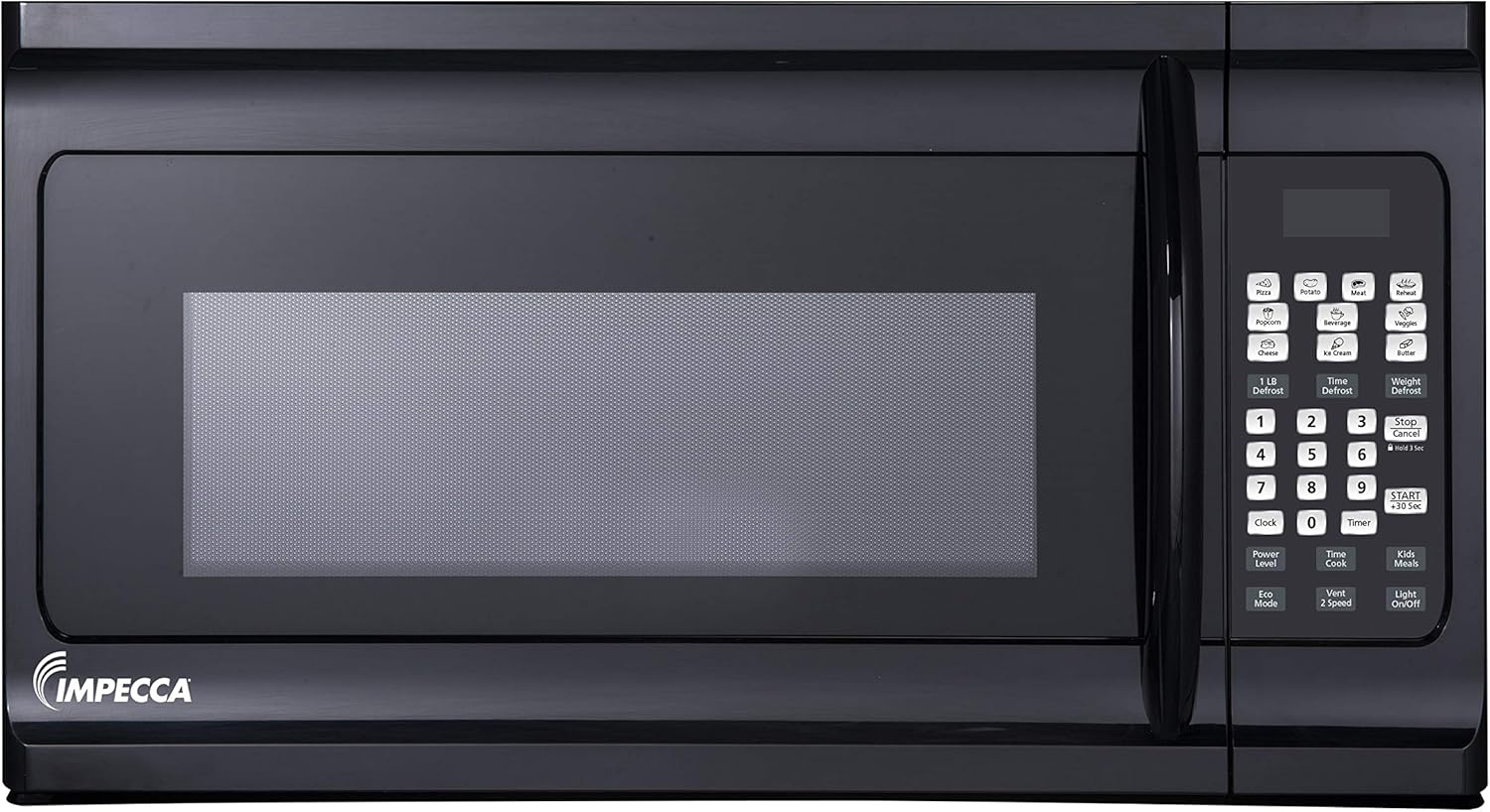 Impecca OM-1600K 1.6 cu. ft. Over-the-Range 30” Microwave Oven 1000 Watts, with Surface Light, 2 Speed Vent System, Touch-pad Controls, Digital Clock, Timer, LED Display and Child Lock, Black