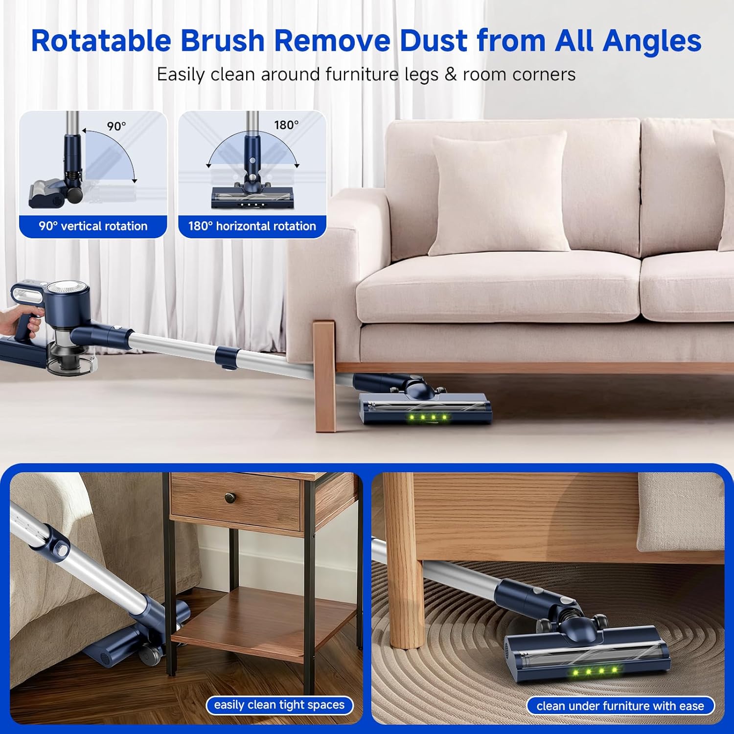 Cordless Vacuum Cleaner, Powerful Suction Vacuum Cleaners for Home, Anti-Tangle Pet Hair Brush, Lightweight, Self-Standing, Green LED Headlight, 6-in-1 Stick Vacuum for Carpet Hardwood Floor