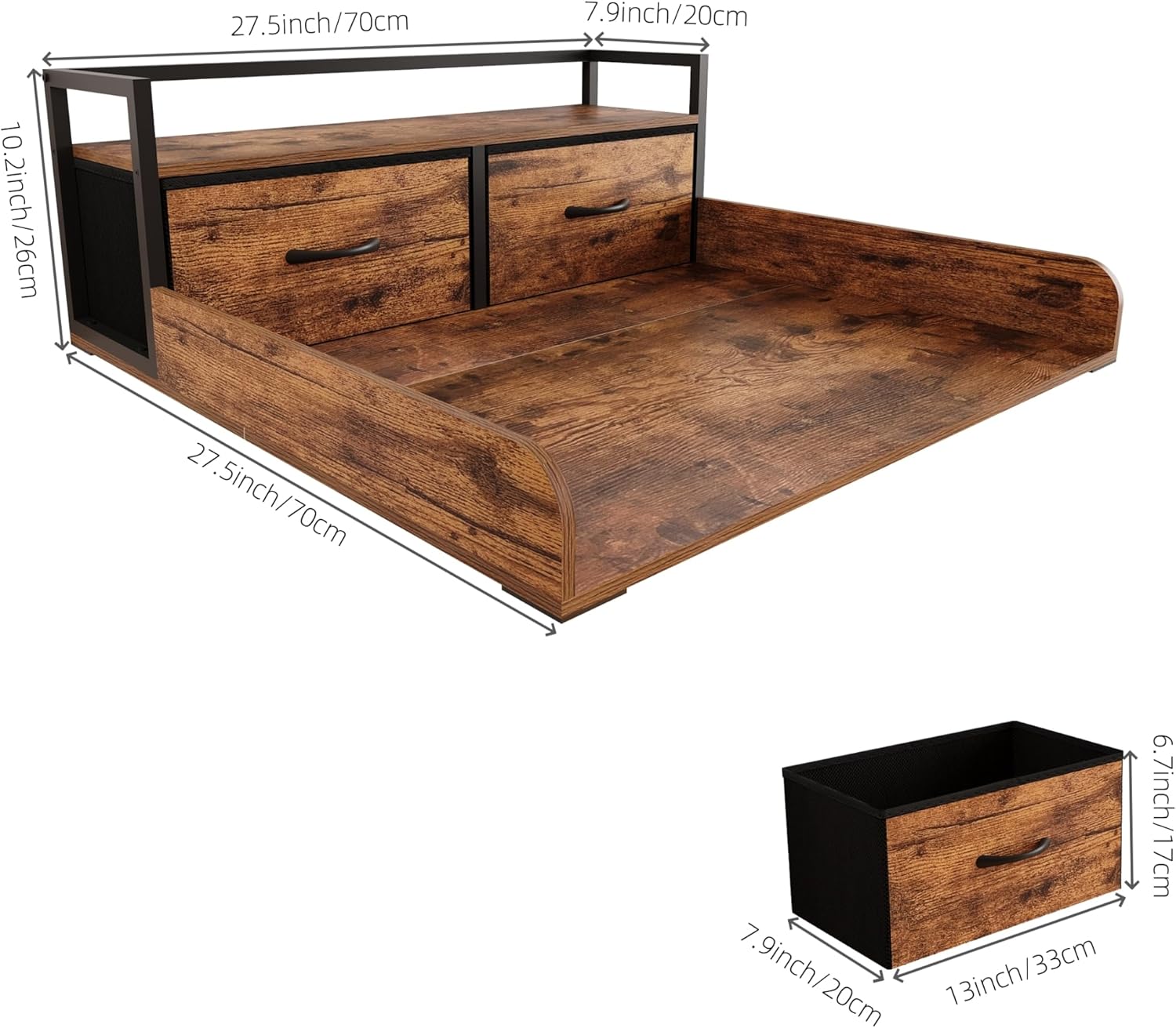 2-Tier Washer Dryer Countertop single with shelf and fabirc drawer,laundry topper with Edge and Non-Slip Pad for Washer Dryer Laundry Hamper Counter Storage Organization (rustic brown, single)