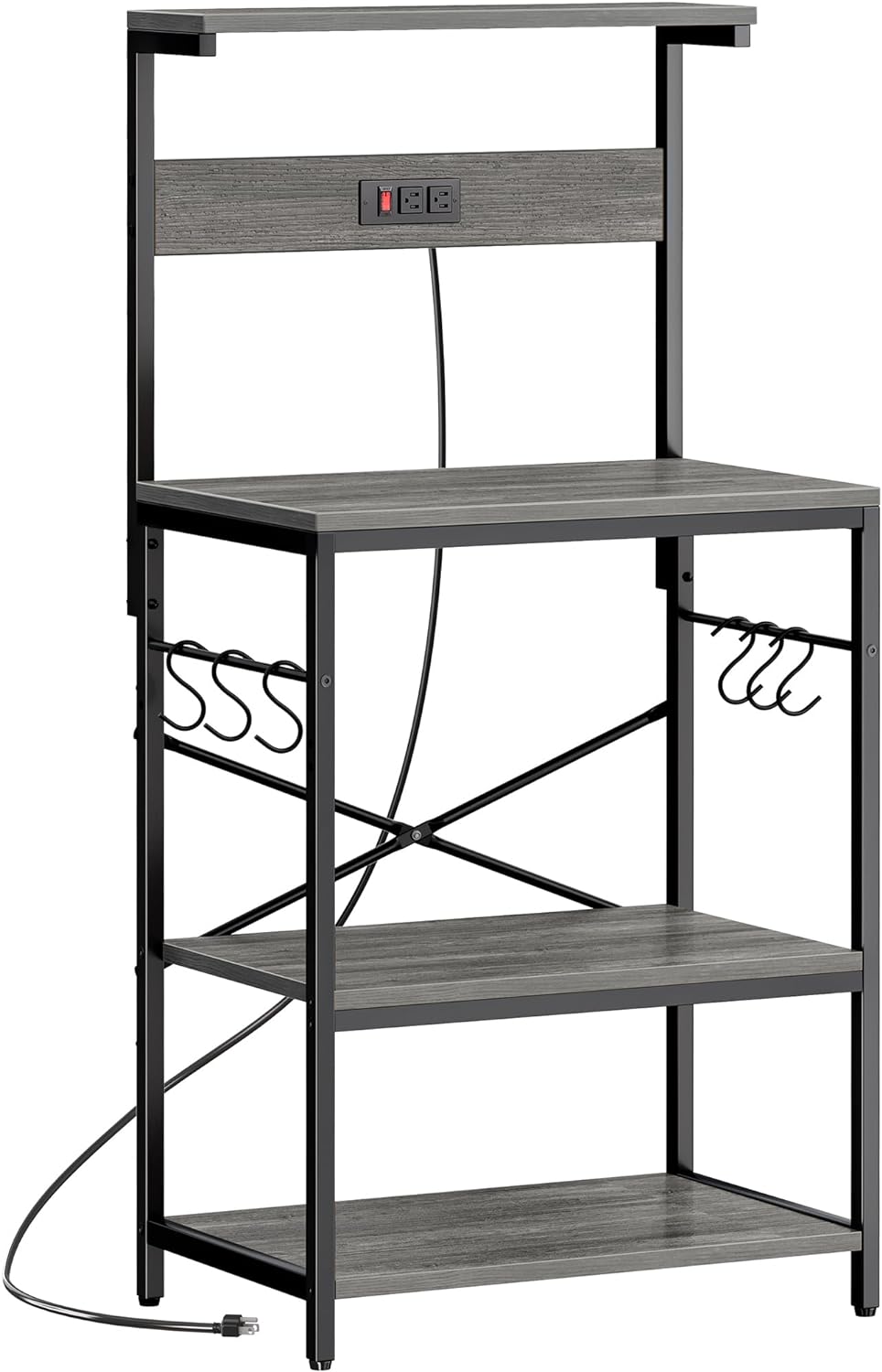 SUPERJARE Kitchen Bakers Rack with Power Outlet, Coffee Bar Table 4 Tiers, Kitchen Microwave Stand with 6 S-Shaped Hooks, Storage Shelf Rack for Spices, Pots and Pans - Charcoal Gray