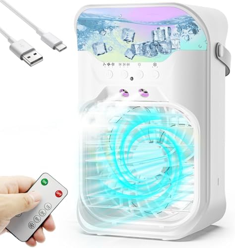 IWENNUAN Portable Air Conditioners, 4 in 1 Portable AC Unit with Remote, 1500ml Water Tank, 3 Speeds, 6H Timer, 2 Spray Mist, 7 Night Light, Personal Mini Air Conditioner for Bedroom