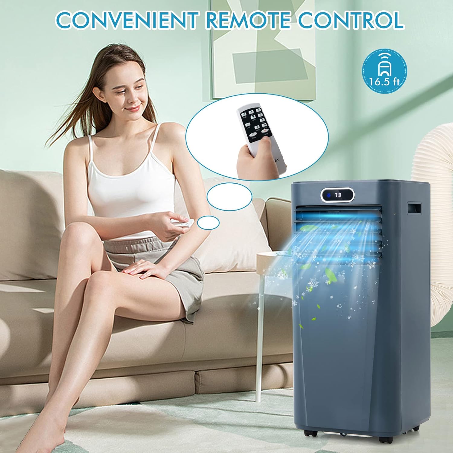 LDAILY Portable Air Conditioner, 10000 BTU for Rooms up to 350 sq.ft, 3-in-1 Evaporative Air Cooler w/Dehumidifying Fan & Remote Control, Sleep Mode, Window Kit, 24H Timer & LED Display, Dark Blue