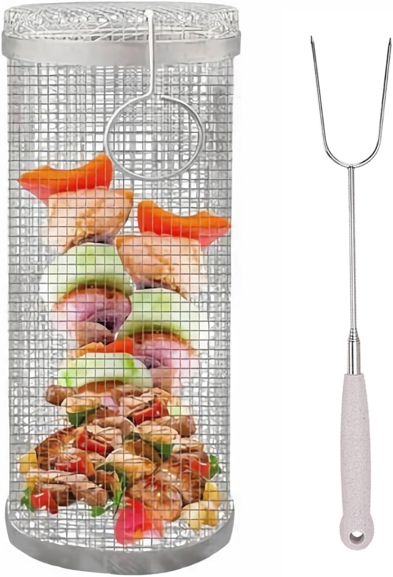 Round Grilling Cooking Accessories,Stainless Steel Wire Mesh Cylinder Grill Basket,Outdoor BBQ Grill Mesh Portable Outdoor Camping Barbecue Rack
