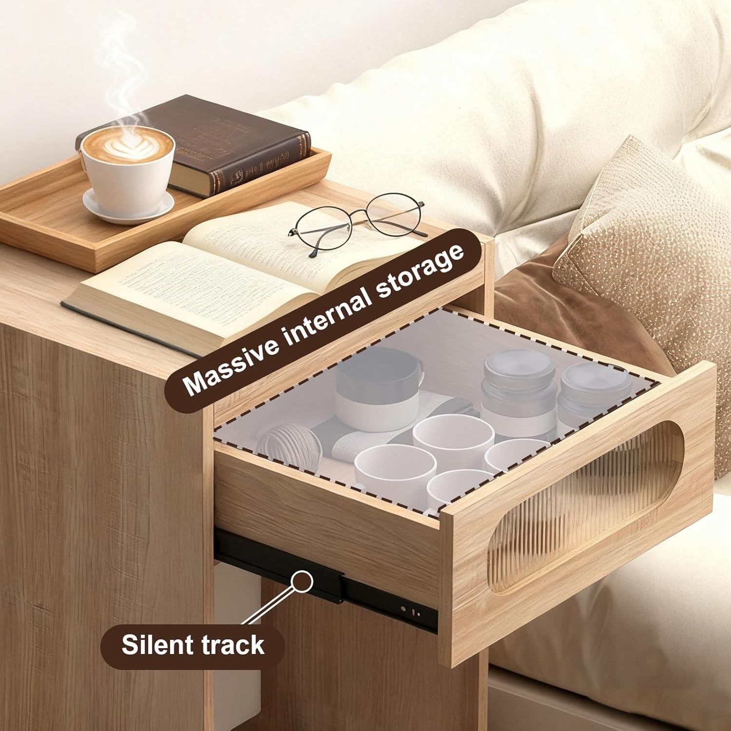 Robot Vacuum Stand Cabinet with Clear Drawer Space-Saving Modern Robot Vacuum Storage Rack Side Table Storage Cabinet Compatible for Bedroom Living Room Home Kitchen Office(Natural)