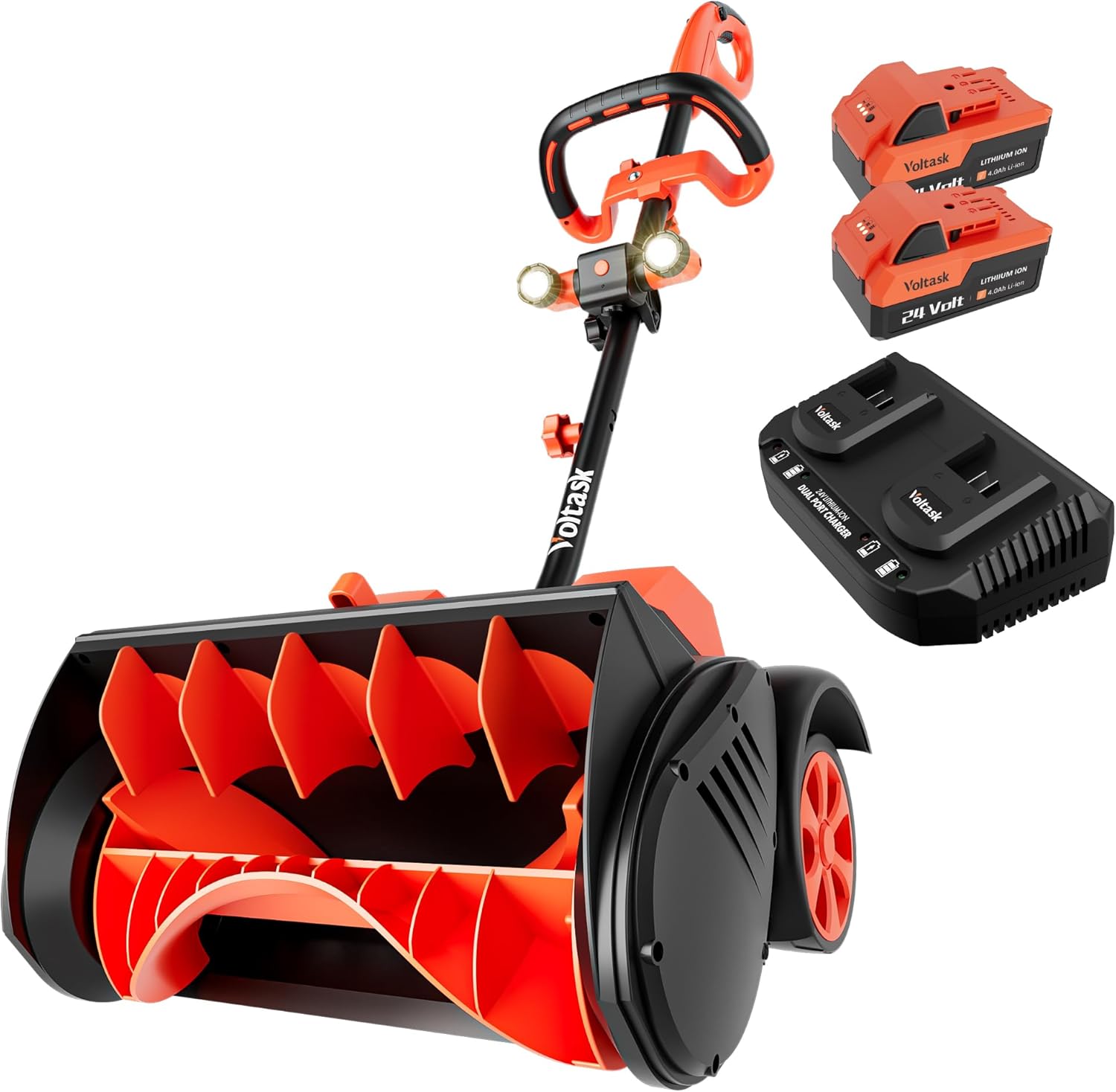 VOLTASK 48V Cordless Snow Shovel with Wheels, 15.7-Inch Brushless Cordless Snow Blower, 4-Ah Battery Snow Blower with Directional Plate & LED Lights (2 * 24V Battery & Dual Quick Charger Included)