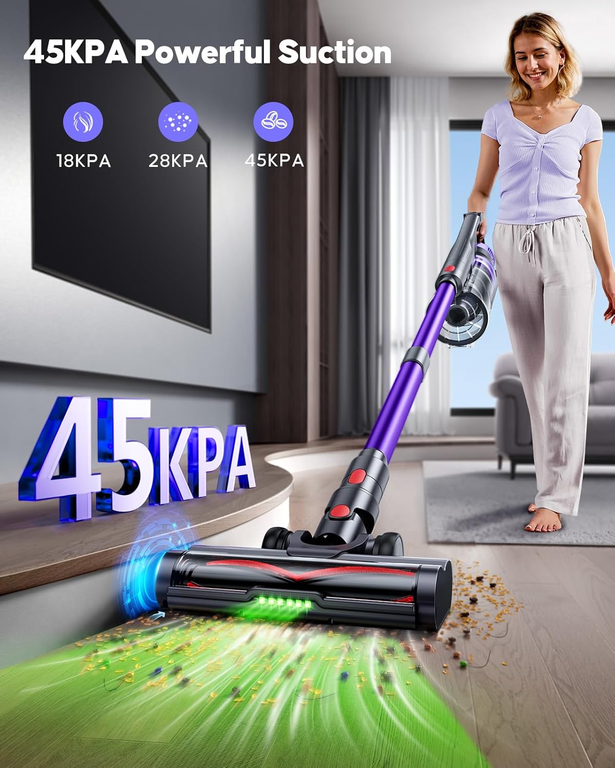 Cordless Vacuum Cleaner, 550W 45KPA Cordless Stick Vacuum Cleaner with Rechargeable Battery, Anti-Tangle Brush, Build-in Aromatherapy, Handheld Vacuum Cleaners for Home/Pet Hair/Carpets/Floors