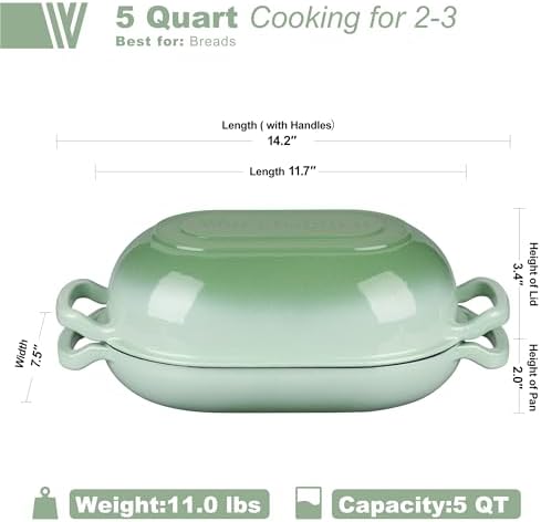 Enameled Cast Iron Sourdough Bread Oven, Dutch Oven, Loaf Cast Iron Bread Pan for Homemade Bread Baking, Meatloaf Pan with Lid, 5QT, Green