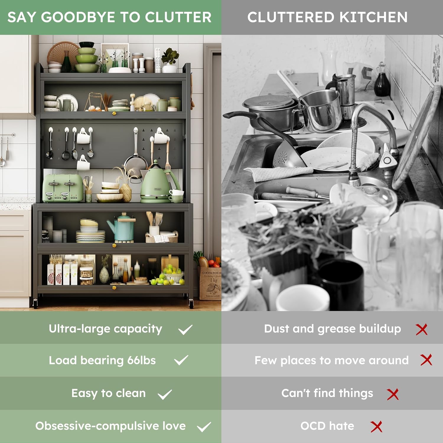 65'' Kitchen Pantry Storage Cabinet, Storage & Microwave Oven Countertop, Pantry Cabinets with 3 Doors and 4 Layers Hole Plate Versatile Storage for Kitchen, Living Room, Dining Room