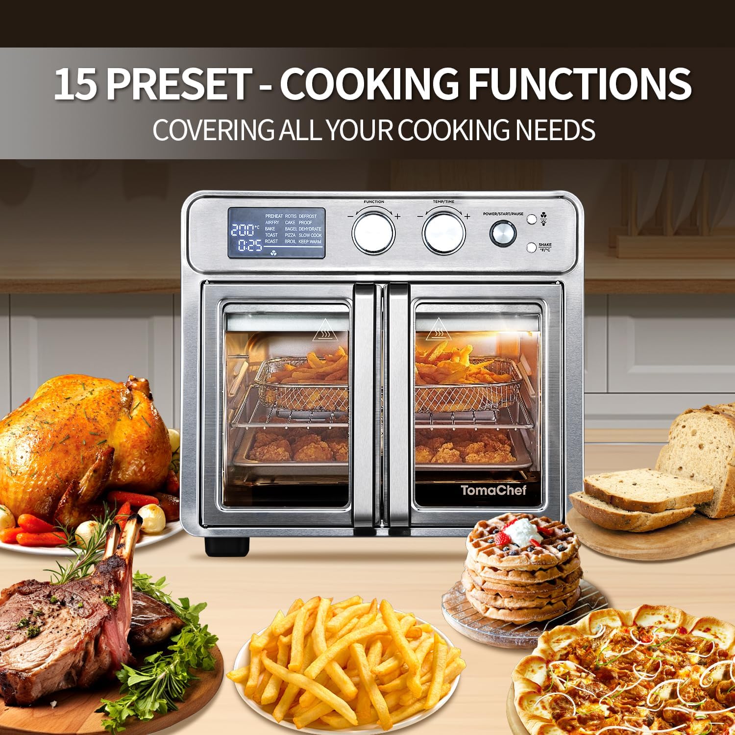 26QT French Door Air Fryer Toaster Oven Combo, 15 Cooking Functions including Rotisserie, and Digital Controls, 30 Recipes & 5 Accessories, Stainless Steel Finish