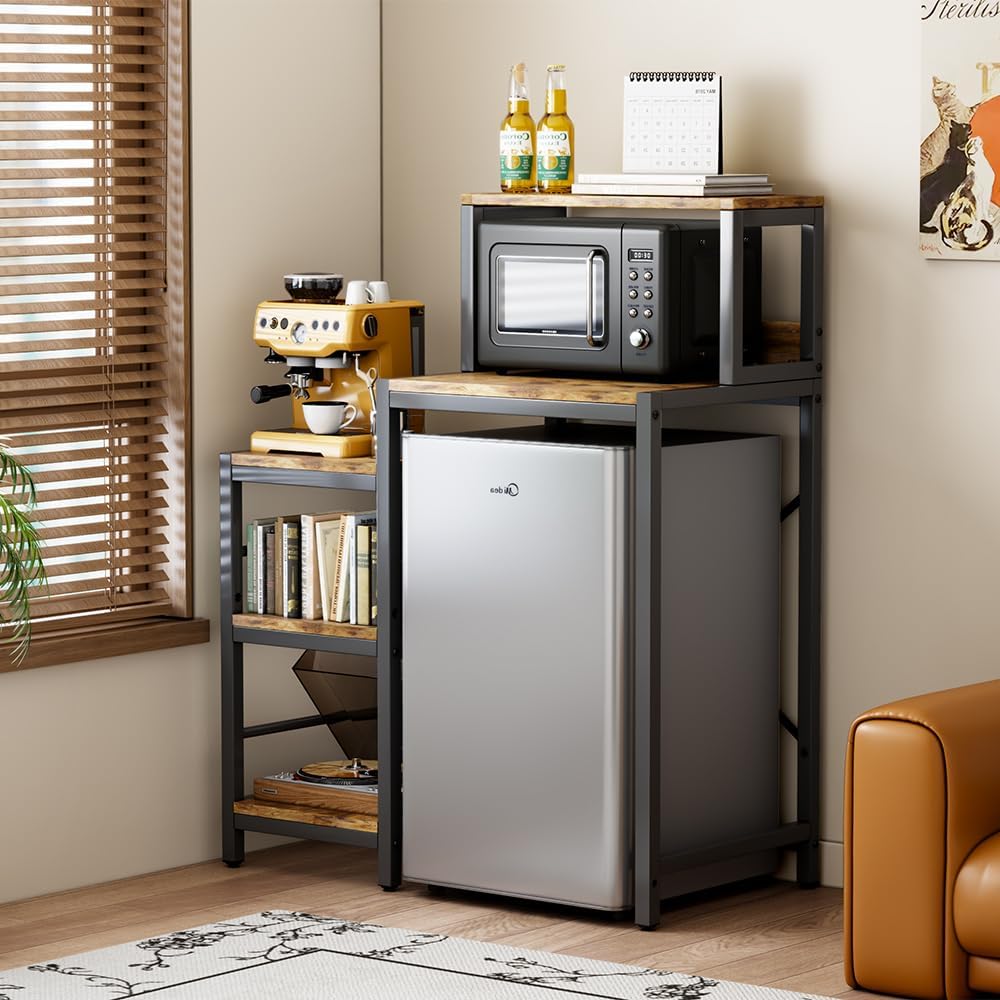6-Tier Mini Fridge Cabinet Microwave Stand Baker Rack, Mini Fridge Stand with Storage Shelves, Microwave Oven Stand, Utility Storage Shelf for Kitchen, Living Room, Dorm, Patio.(Brown)