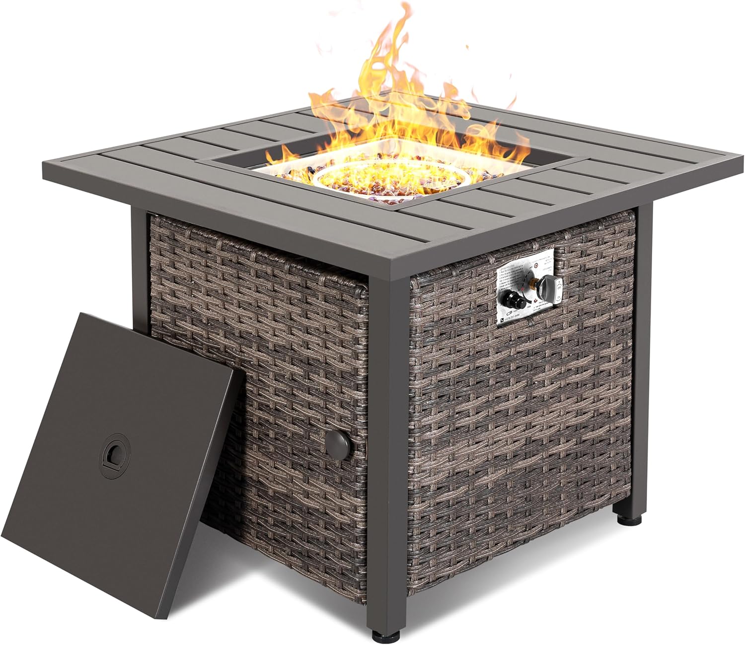 Nuu Garden 30 inch Outdoor Propane Fire Pit 50,000 BTU Gas Fire Pit Table with Lid, Hand-Woven Wicker, Square Gas Fire Table with Glass Beads for Garden, Patio, CSA Certification
