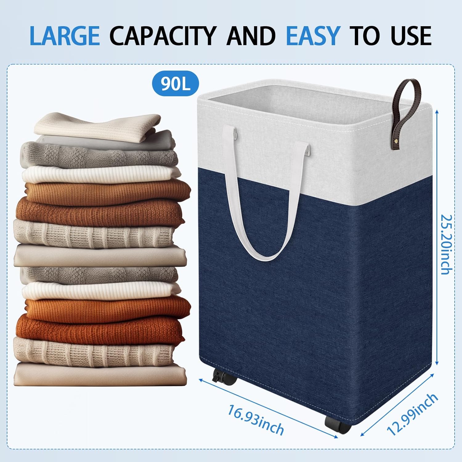 HomeHacks 90L Rolling Laundry Hamper with 4 Smooth Wheels, Collapsible Waterproof Clothes Basket, Freestanding Tall Hamper with Extended Handles for Bedroom/Dorm/Laundry Room (Blue)