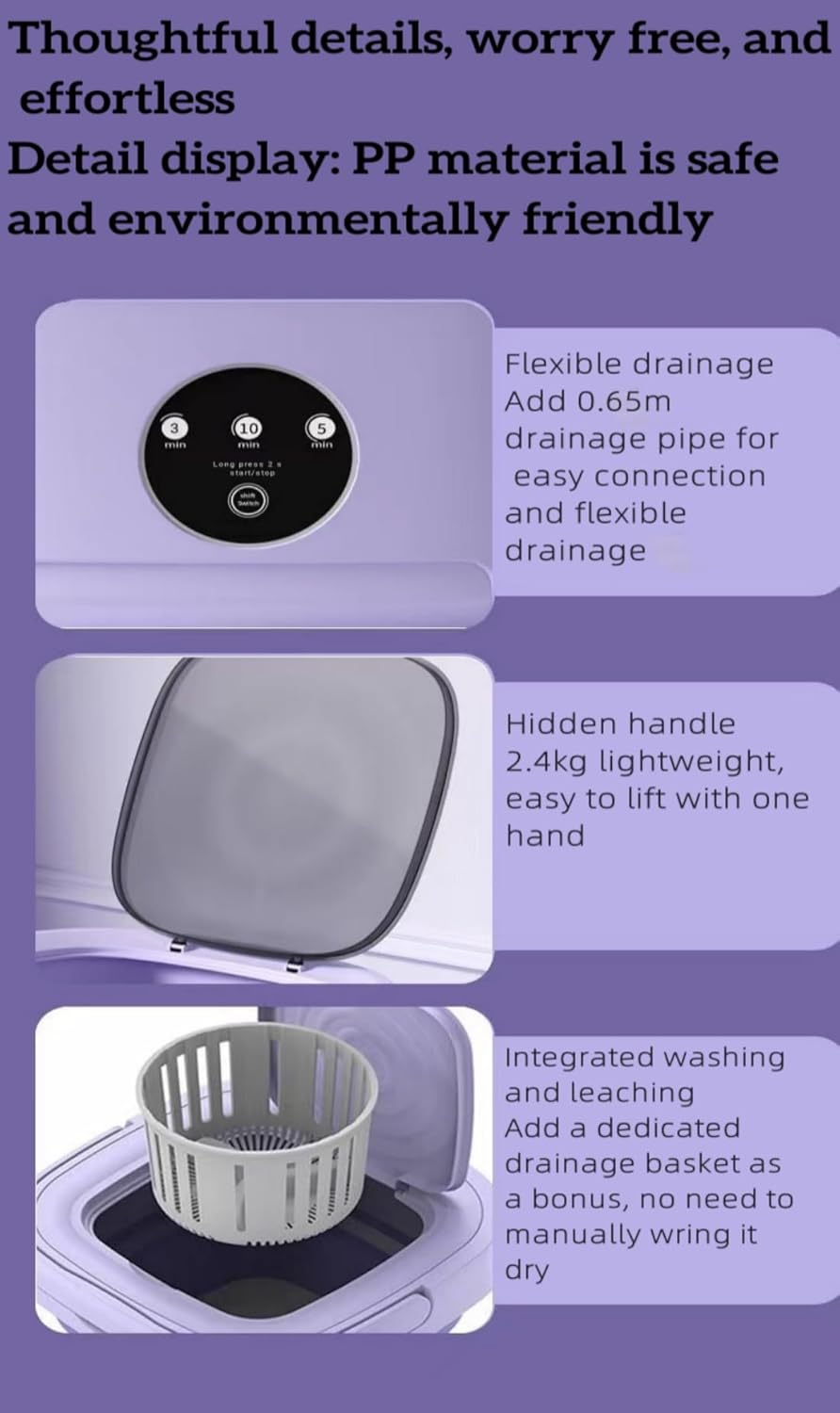 Portable washing machine.mini washing machine.11L high-capacity foldable washing machine.Deep cleaning of small clothing such as underwear and baby clothes.Suitable for camping and hotel (purple)