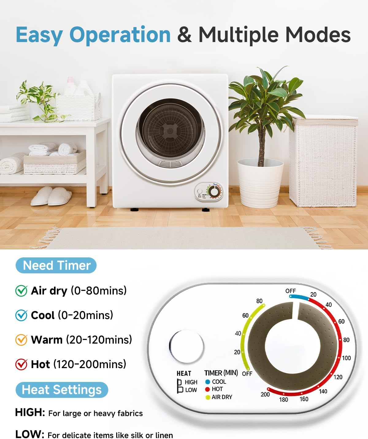 110V Portable Dryer – 850W Compact Clothes Dryer with 4 Automatic Drying Modes, Stainless Steel Tub, Simple Control Knob for Apartments, Dorms & Small Spaces