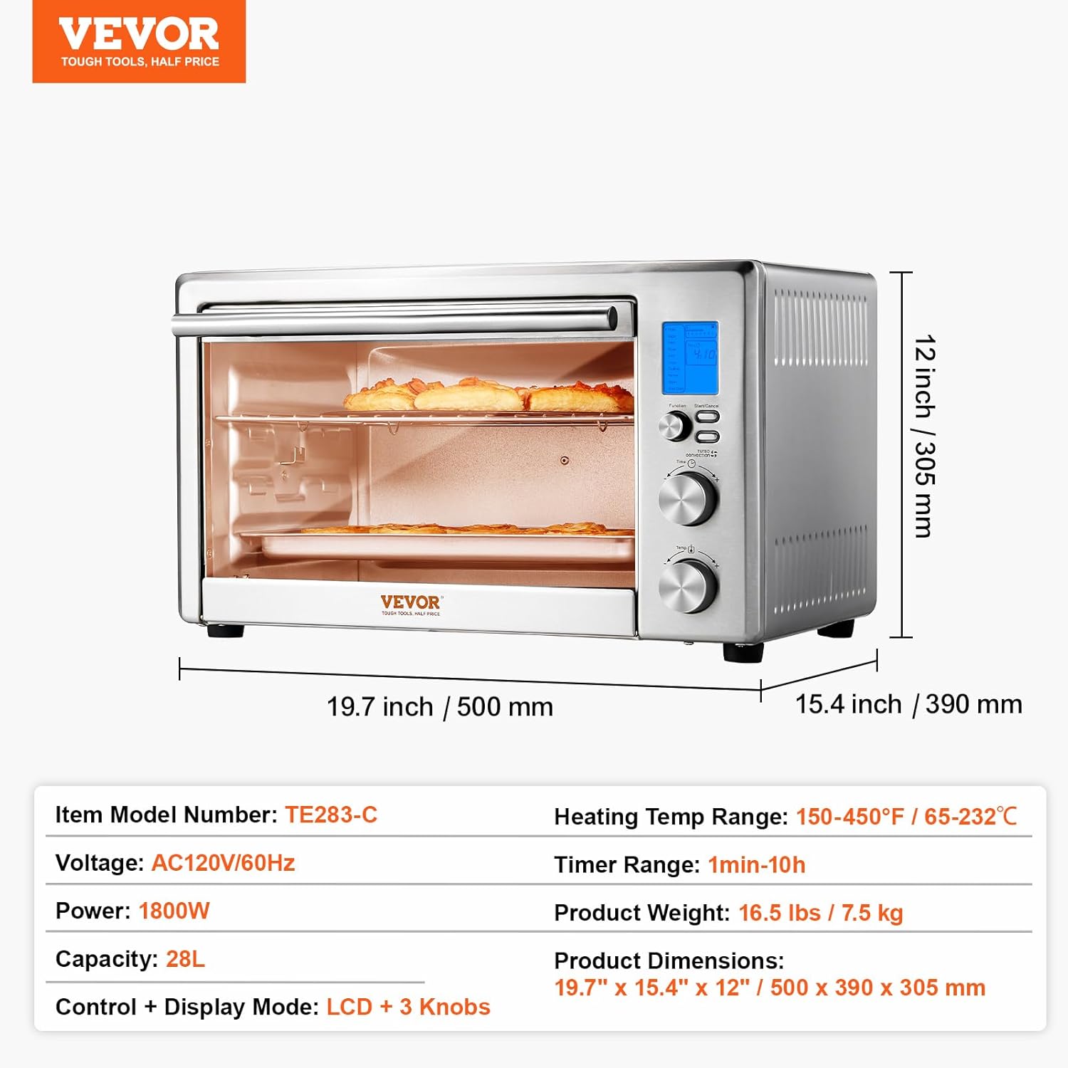 VEVOR Convection Toaster Oven, 28L/29.6Qt Large 10-IN-1 Multifunctional Convention Oven Countertop, 150F-450F Adjustable Compact Smart Oven with Trays Wire Racks Gloves, for Home Kitchen RVs etc