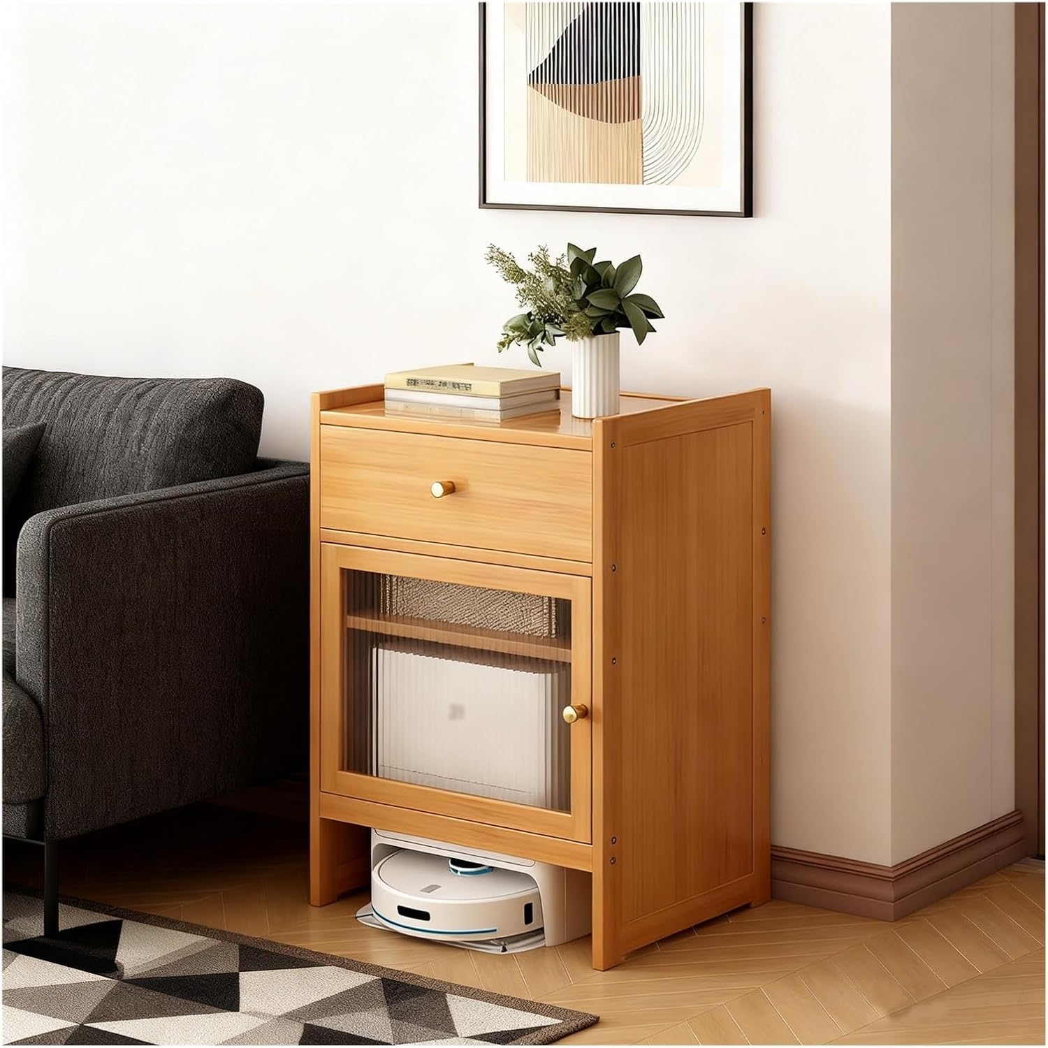 Vacuum Cabinet, Robot Vacuum Storage Side Table End Table Robot Storage Cabinet for Living Room, Home, Office, Entrance, Save Space(Natural)