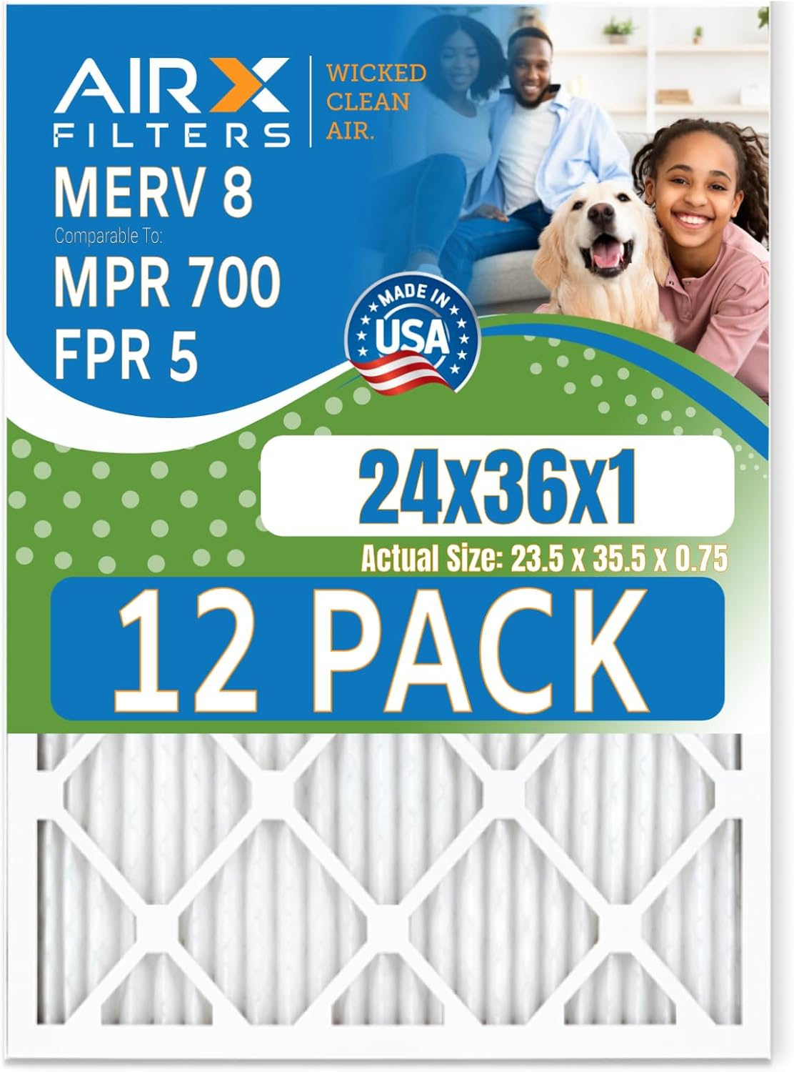 24x36x1 Air Filter MERV 8 Rating, 12 Pack of Furnace Filters Comparable to MPR 700 & FPR 5 - Made in USA by AIRX FILTERS WICKED CLEAN AIR.
